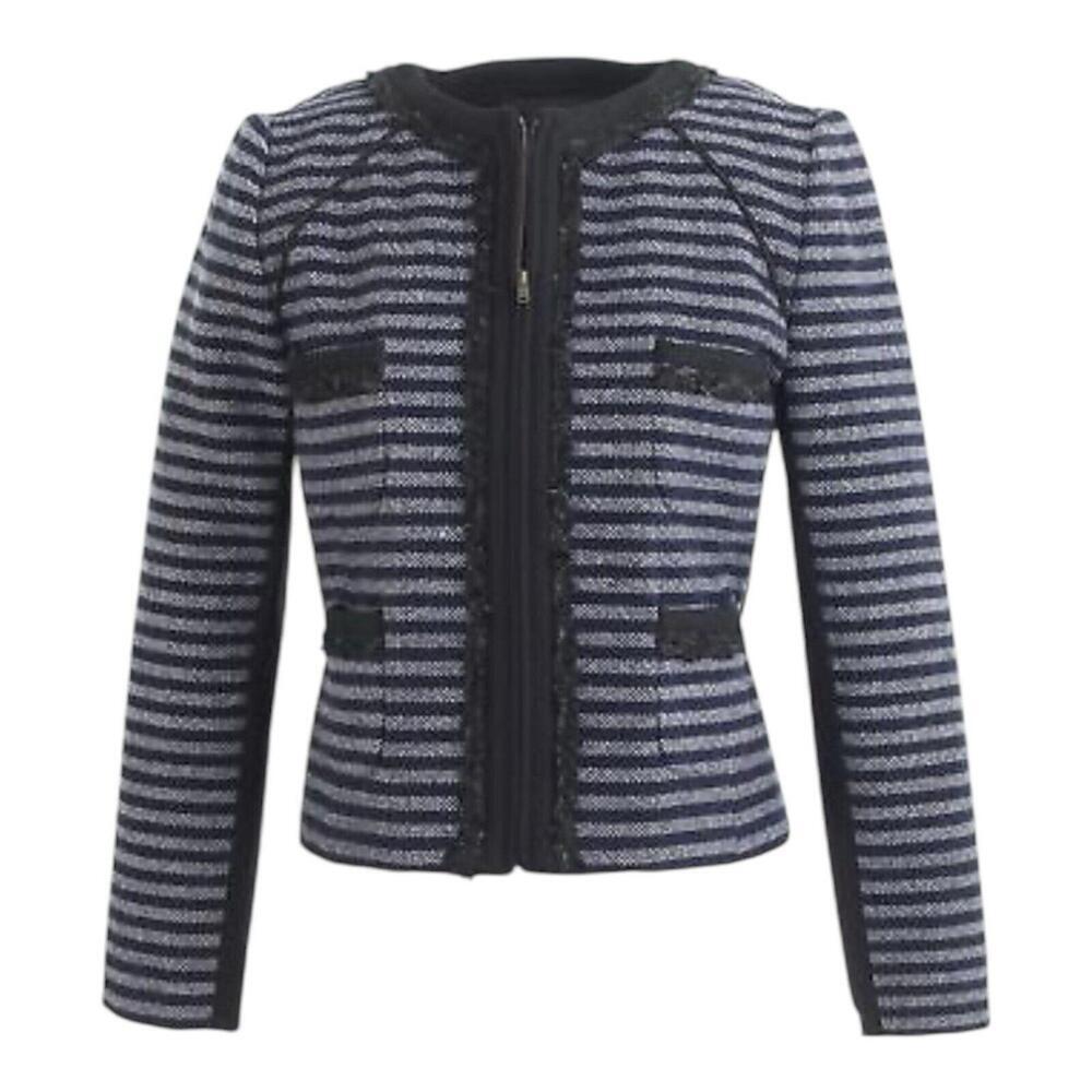 J.Crew Navy Blue Striped Tweed Wool Blend Blazer Jacket Zip Front 2 Office Chic